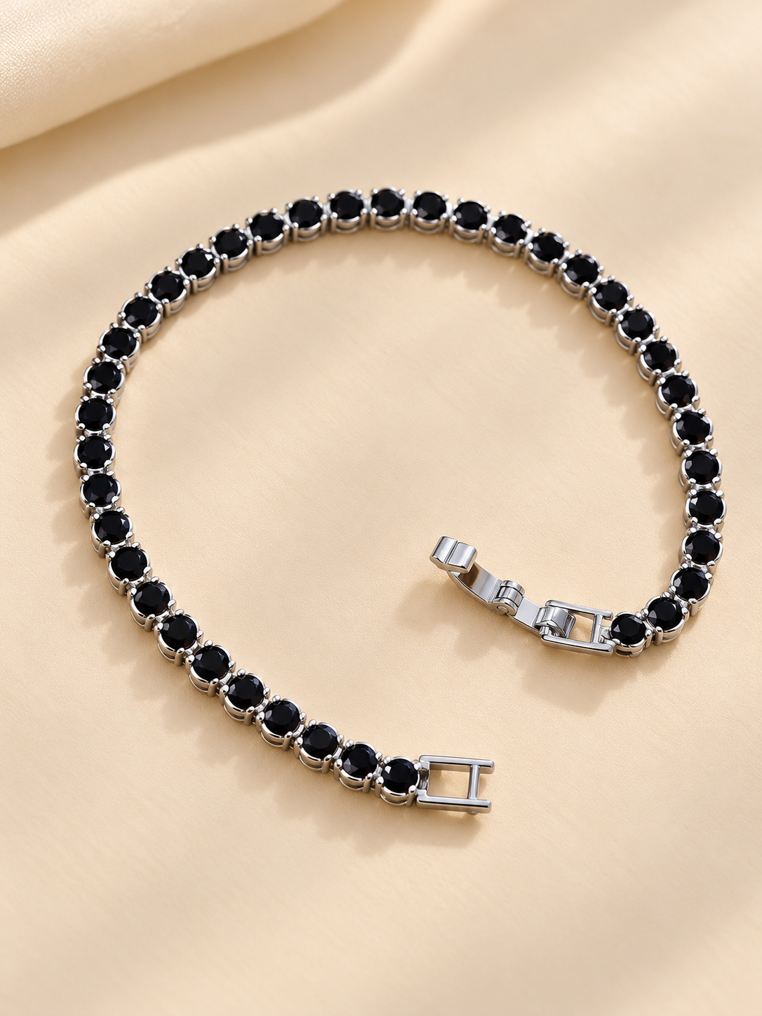 ZEBIA Black Crystal Tennis Bracelet in Silver Tone