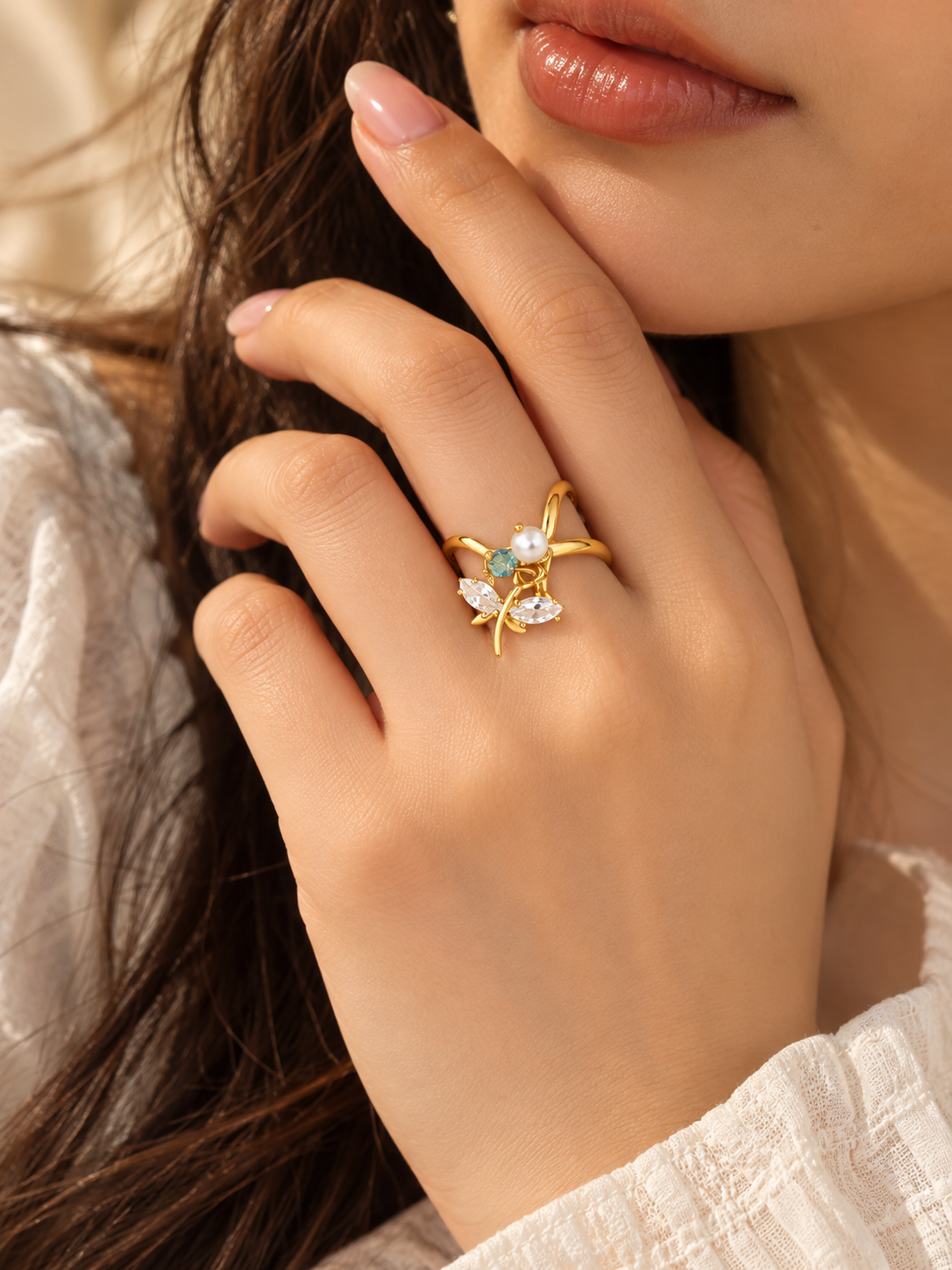ZEBIA Gold-Plated Floral Crystal Ring for Women – Anti-Tarnish Statement Ring