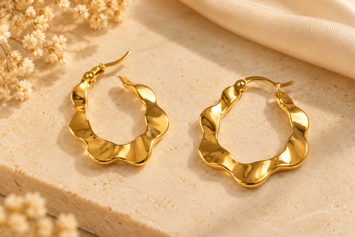 ZEBIA Gold-Plated Anti-Tarnish Stainless Steel Wavy Hoop Earrings for Women