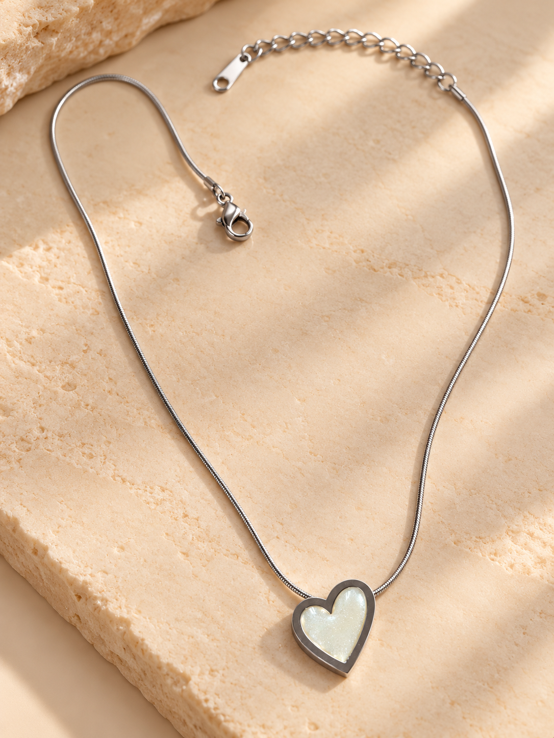 ZEBIA Silver-Tone Heart Pendant Necklace | Stainless Steel White Heart Jewellery