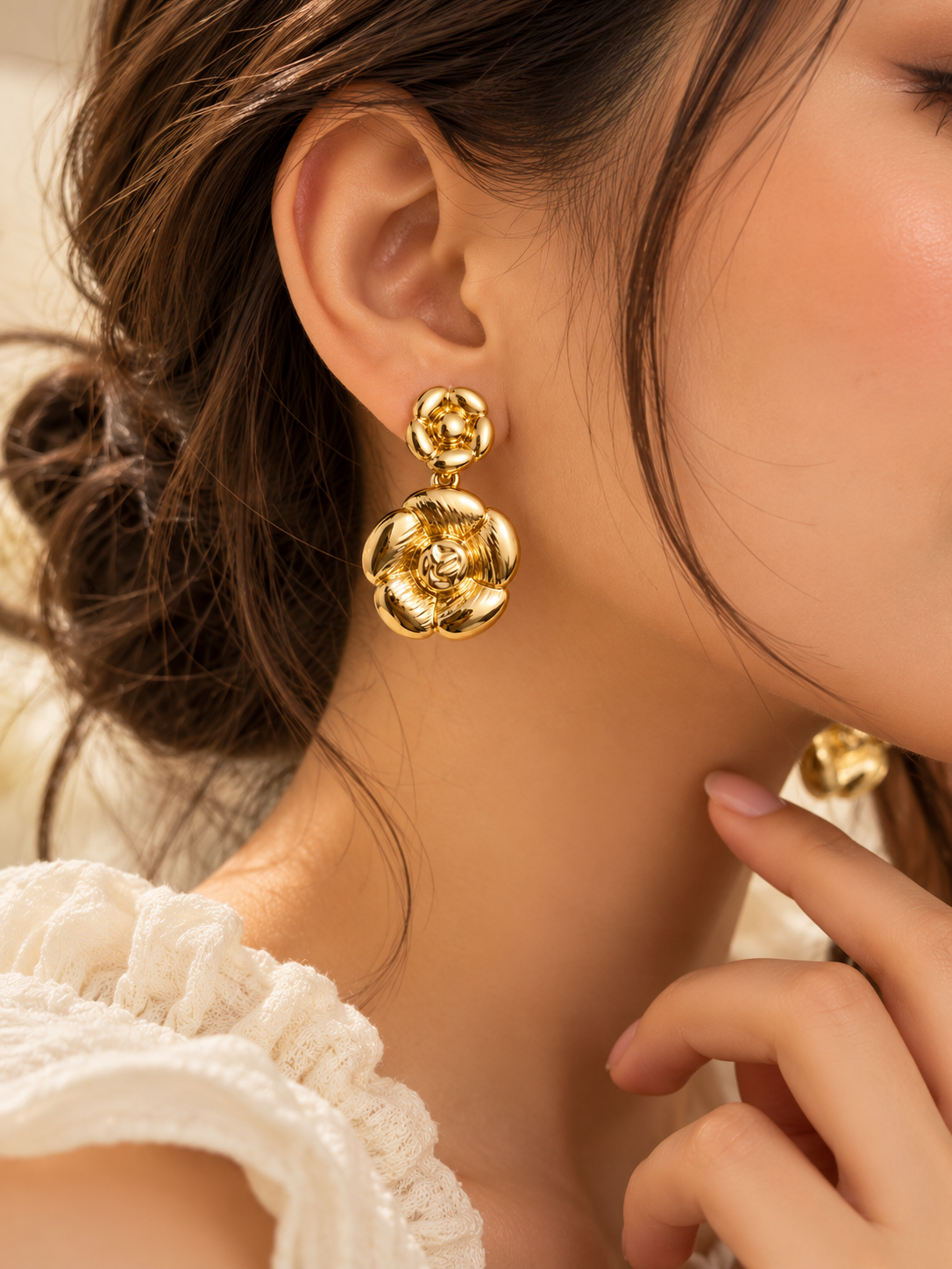 ZEBIA Gold-Plated Anti-Tarnish Floral Statement Drop Earrings for Women | Sculpted Gold Flower Earrings