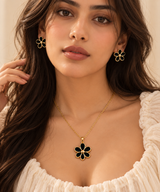ZEBIA Black Flower Pendant Necklace and Earring Set – Gold-Tone Floral Jewellery Set