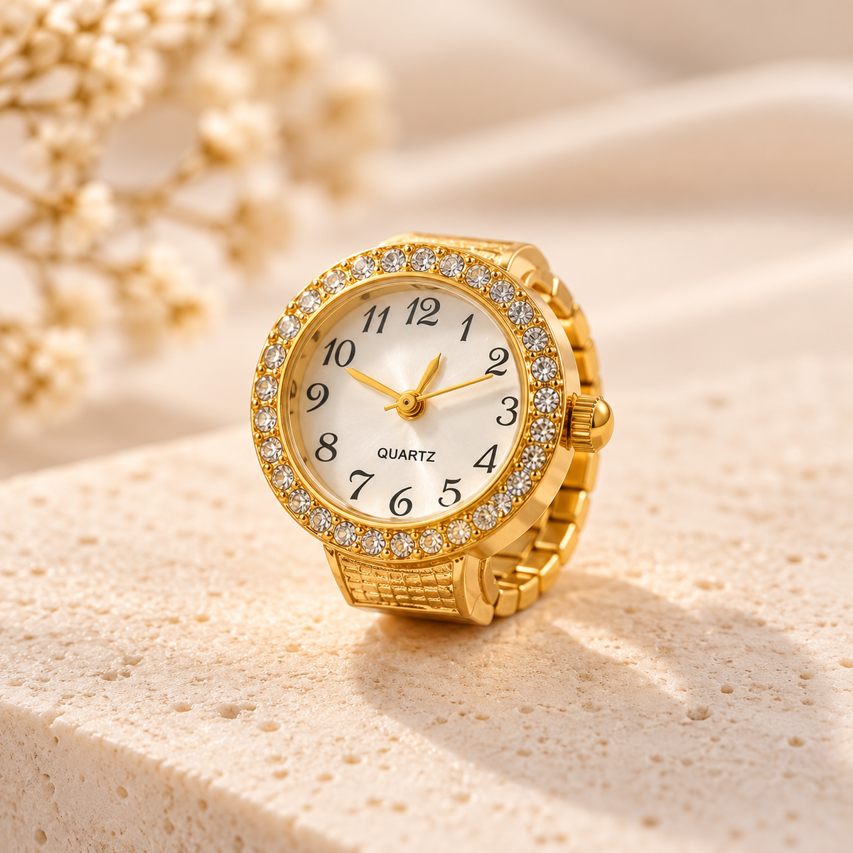 ZEBIA Gold-Tone Ring Watch for Women | White Dial with Crystal-Style Bezel | Elegant Statement Finger Watch