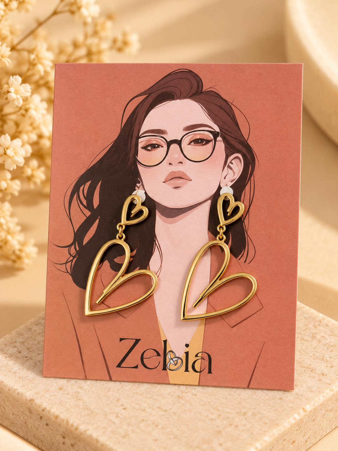 ZEBIA Gold-Plated Anti-Tarnish Stainless Steel Double Heart Drop Earrings for Women