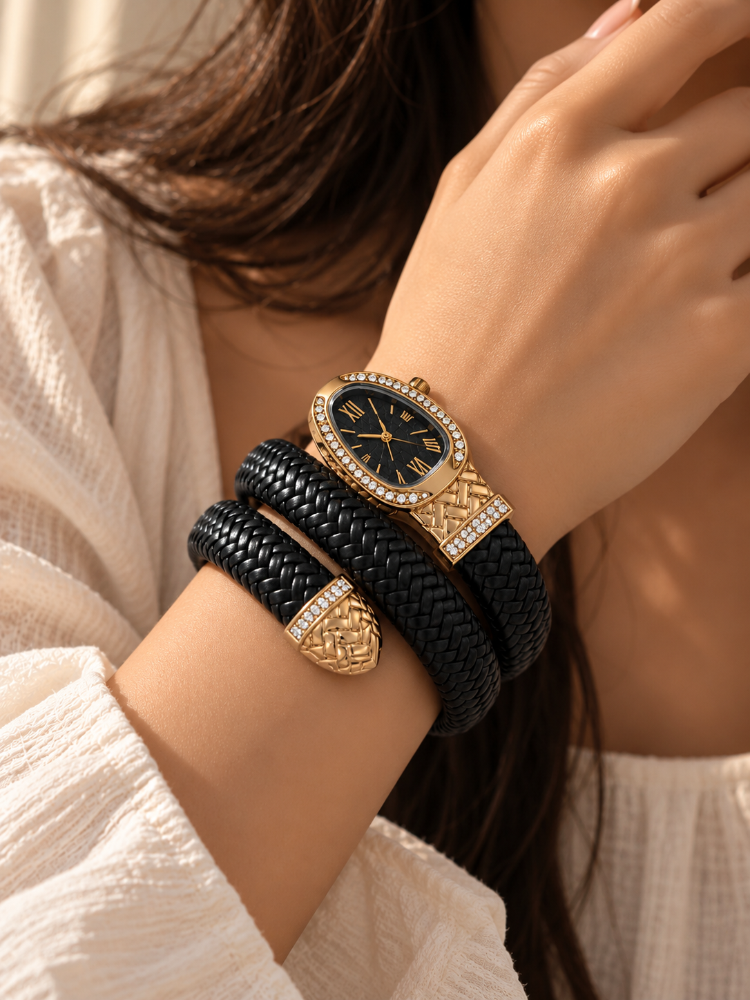 ZEBIA Brown Braided Strap Watch for Women – Gold-Tone Crystal-Embellished Fashion Watch
