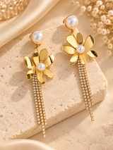 ZEBIA Gold-Plated Anti-Tarnish Stainless Steel Pearl Floral Drop Earrings for Women