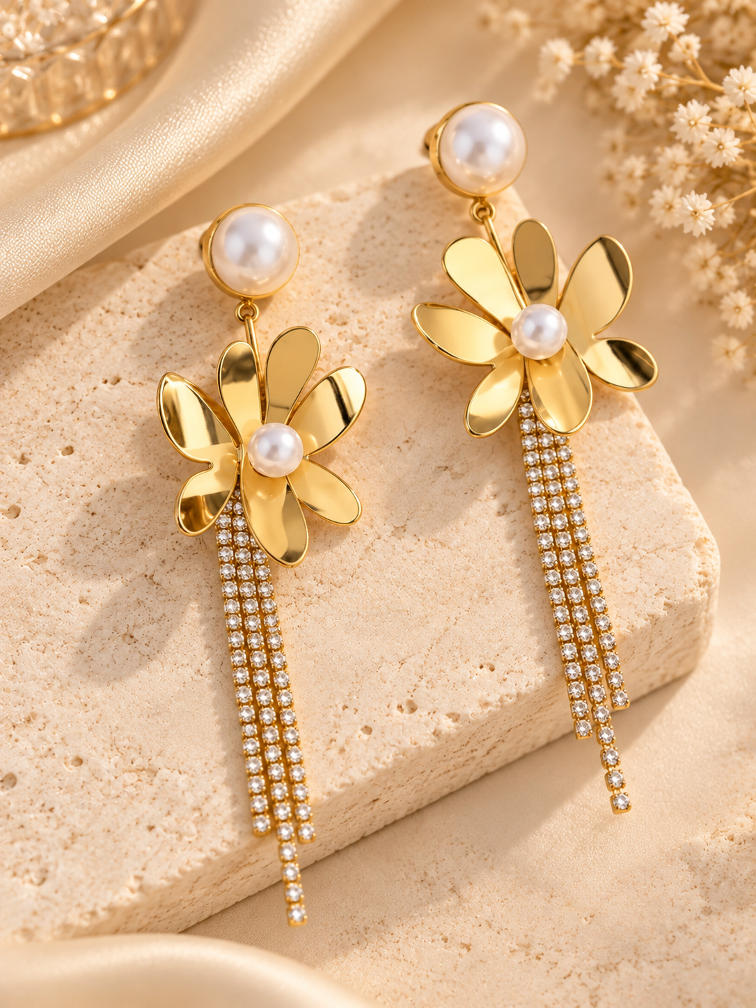 ZEBIA Gold-Plated Anti-Tarnish Stainless Steel Pearl Floral Drop Earrings for Women