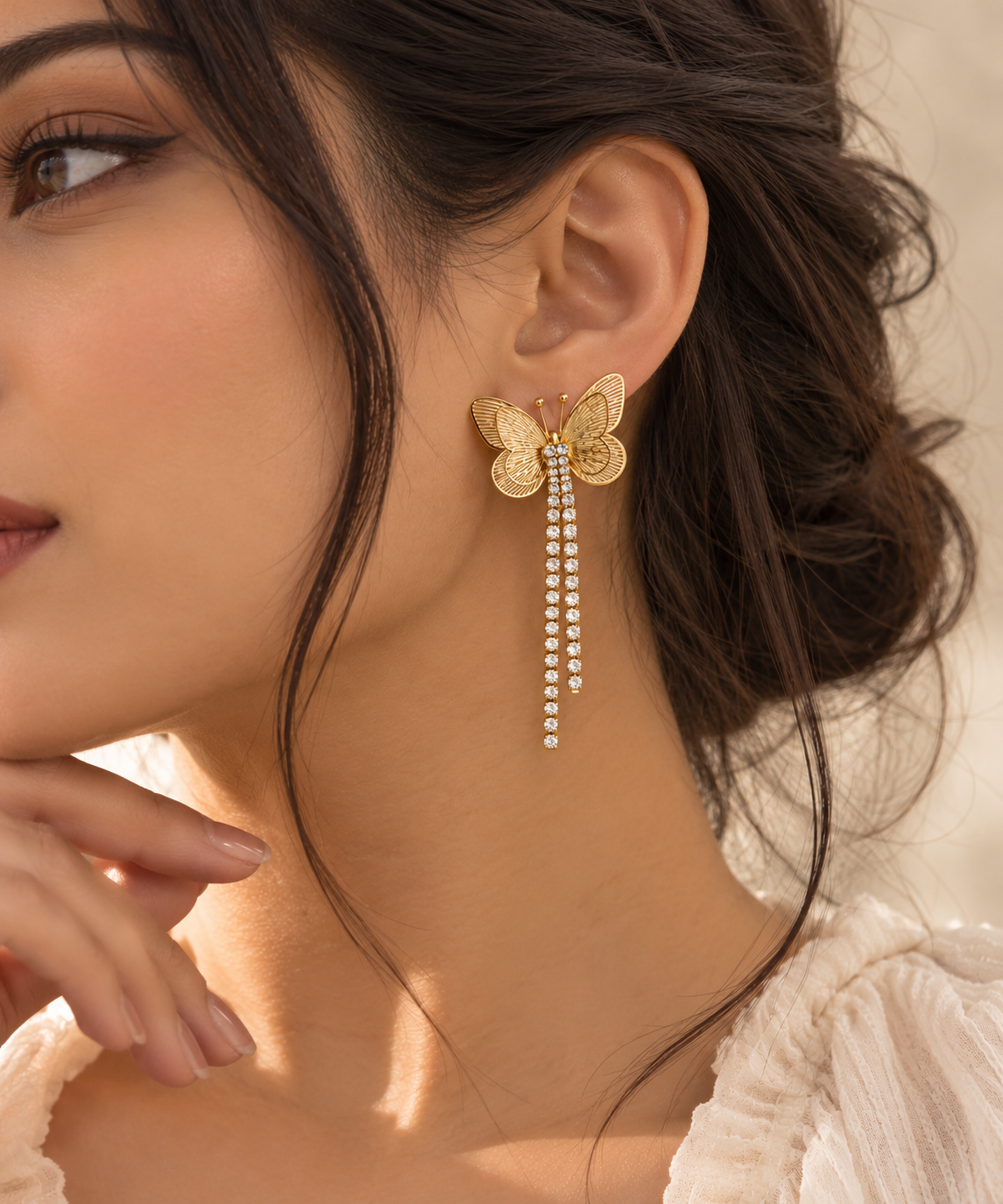 ZEBIA Gold-Plated Butterfly Drop Earrings with Crystal Rhinestone Tassels