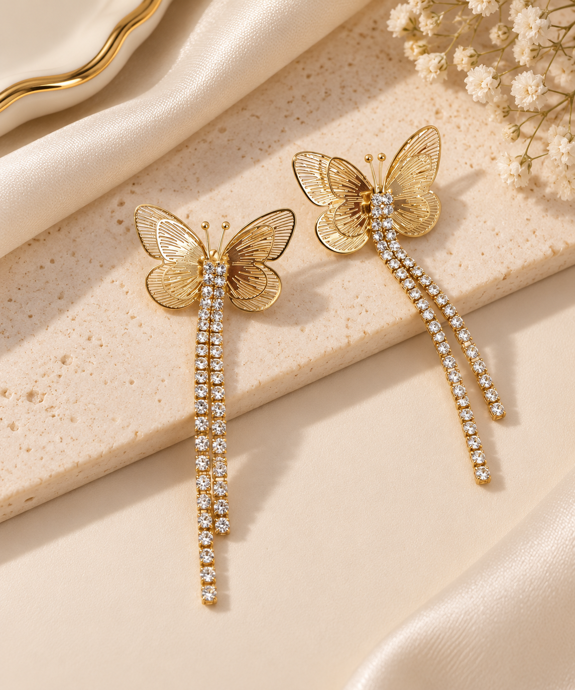 ZEBIA Gold-Plated Butterfly Drop Earrings with Crystal Rhinestone Tassels
