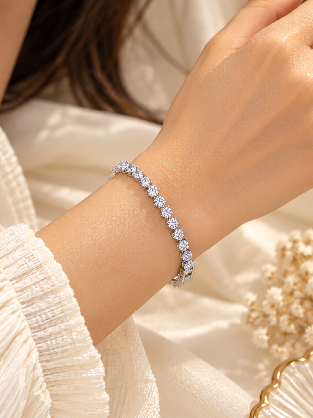 ZEBIA Silver-Tone Crystal Tennis Bracelet for Women
