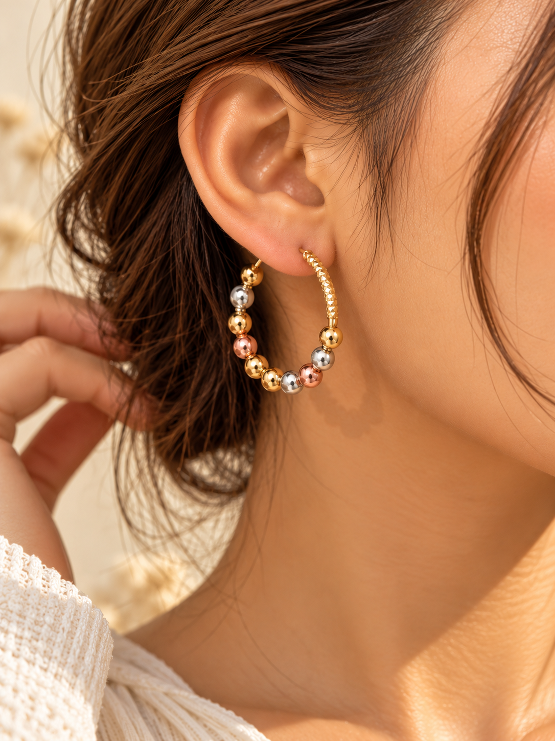 ZEBIA 3-Tone Gold-Plated Anti-Tarnish Stainless Steel Beaded Hoop Earrings for Women