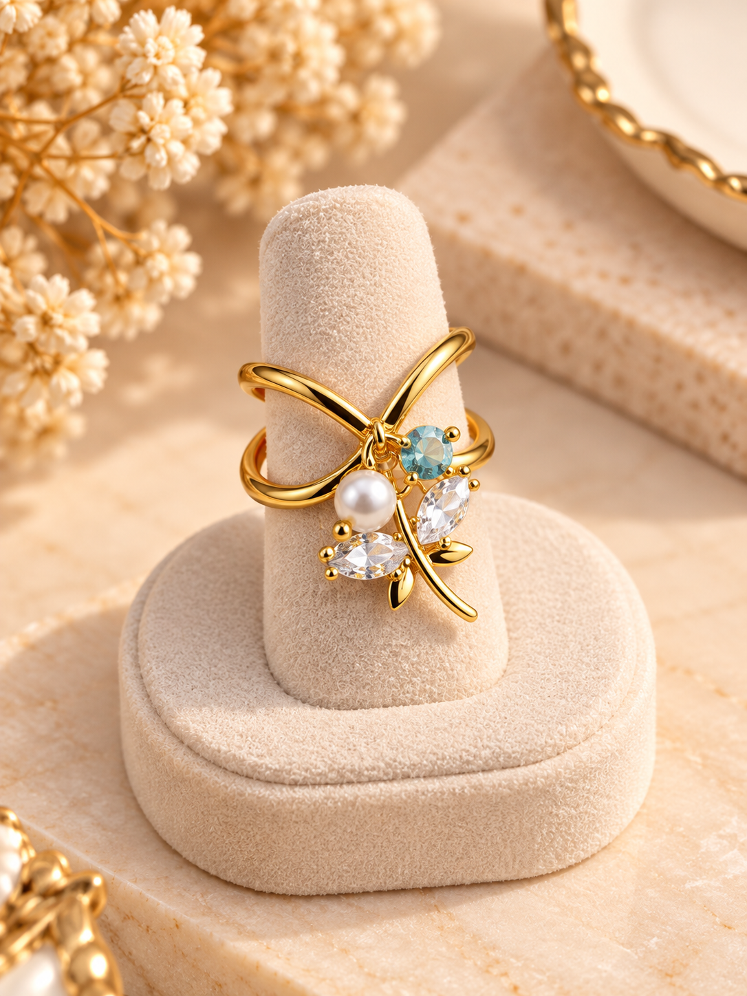 ZEBIA Gold-Plated Floral Crystal Ring for Women – Anti-Tarnish Statement Ring