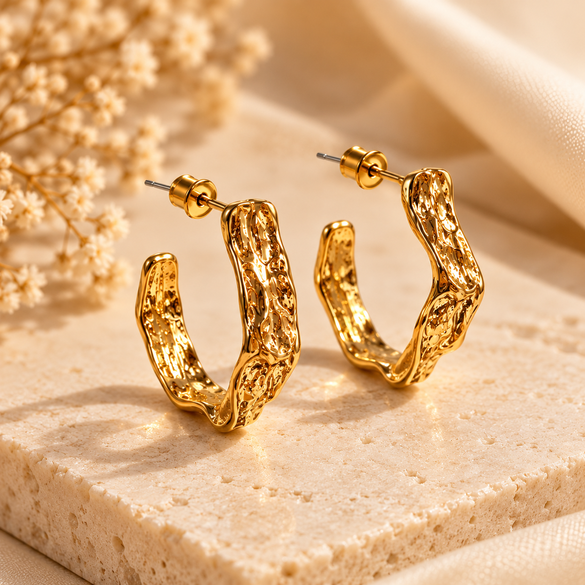 ZEBIA Gold-Plated Anti-Tarnish Stainless Steel Textured Statement Hoop Earrings for Women