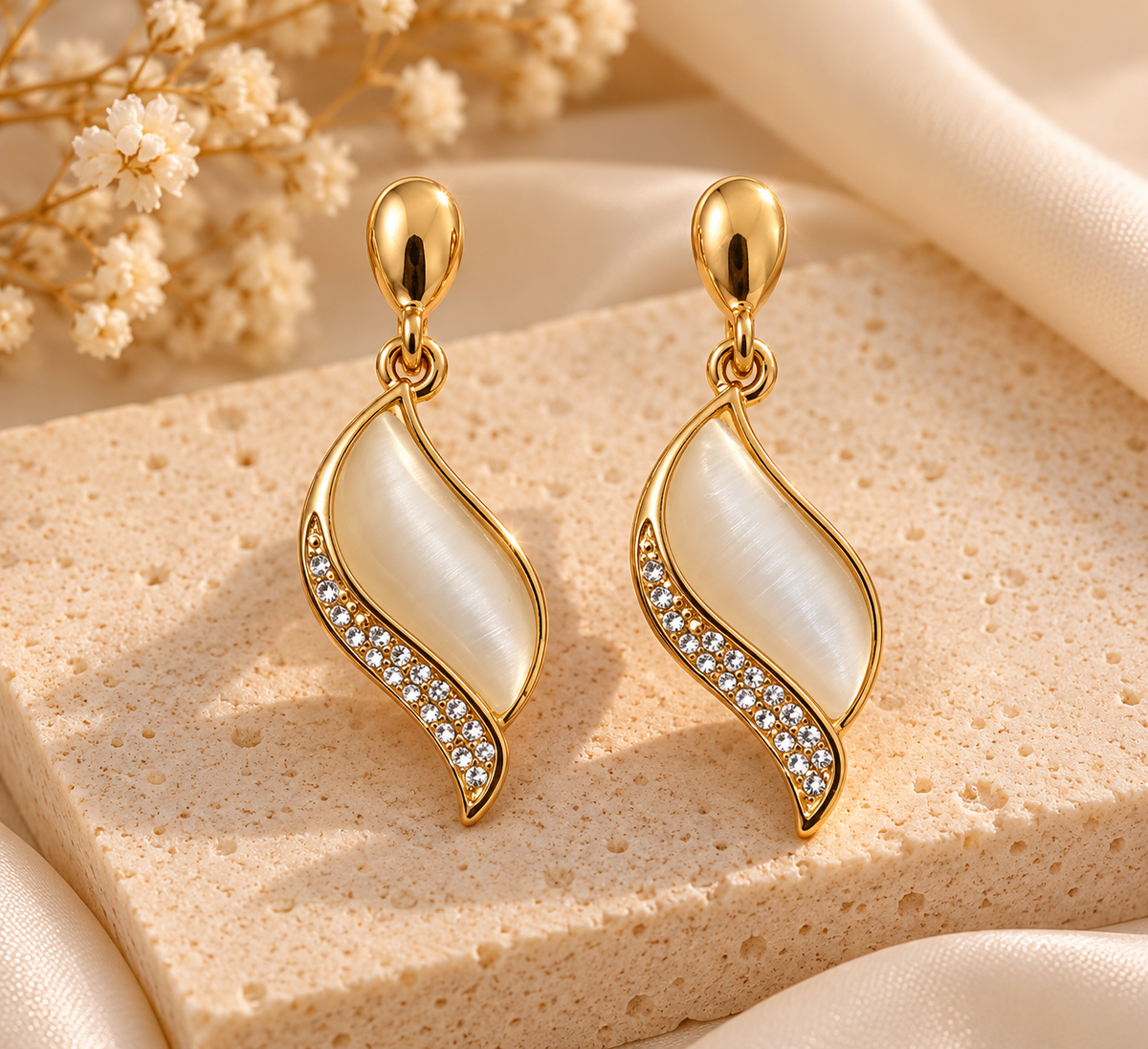 ZEBIA Gold-Tone Ivory Cat Eye Stone Crystal Drop Earrings