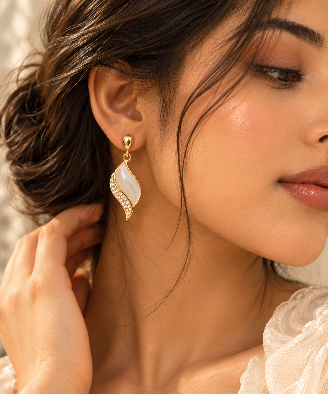 ZEBIA Gold-Tone Ivory Cat Eye Stone Crystal Drop Earrings