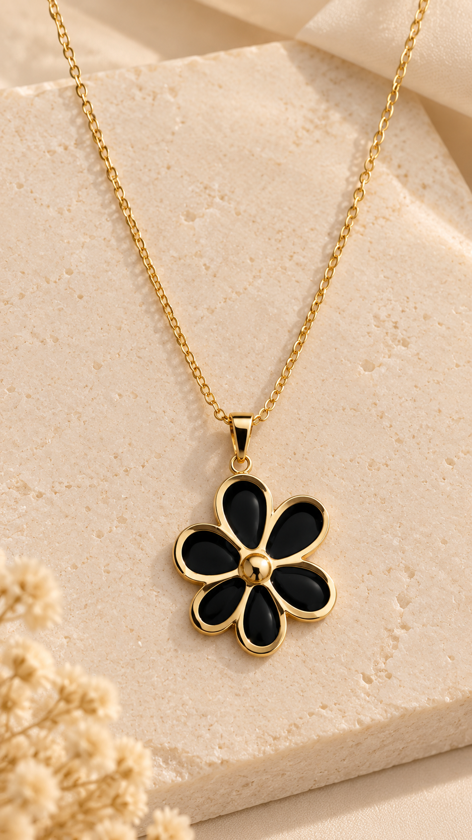 ZEBIA Black Flower Pendant Necklace and Earring Set – Gold-Tone Floral Jewellery Set