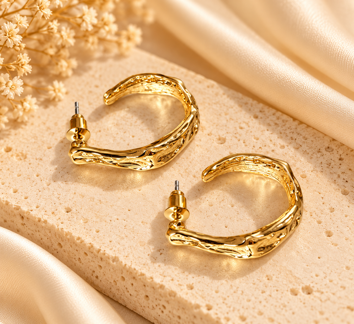 ZEBIA Gold-Plated Anti-Tarnish Stainless Steel Textured Statement Hoop Earrings for Women
