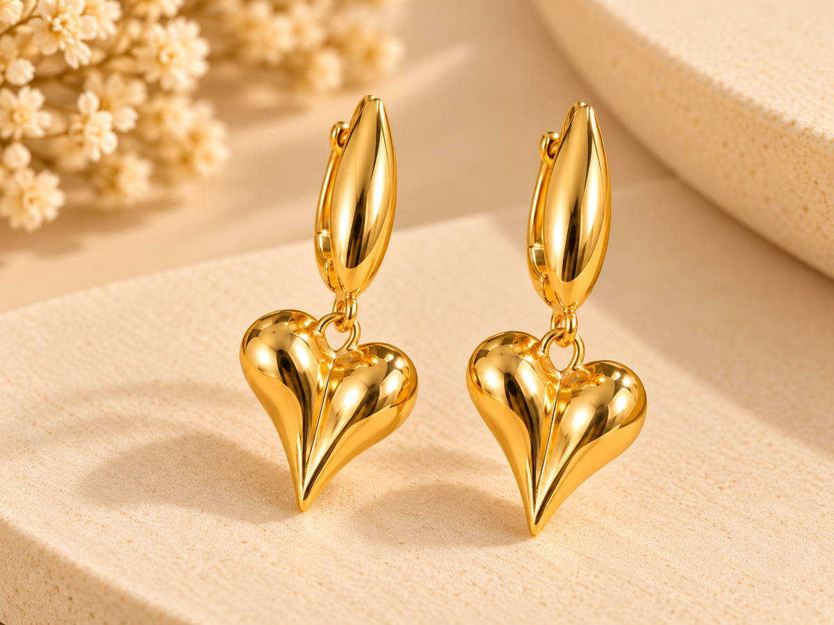 ZEBIA Gold-Plated Puffy Heart Drop Earrings for Women | Anti-Tarnish Stainless Steel