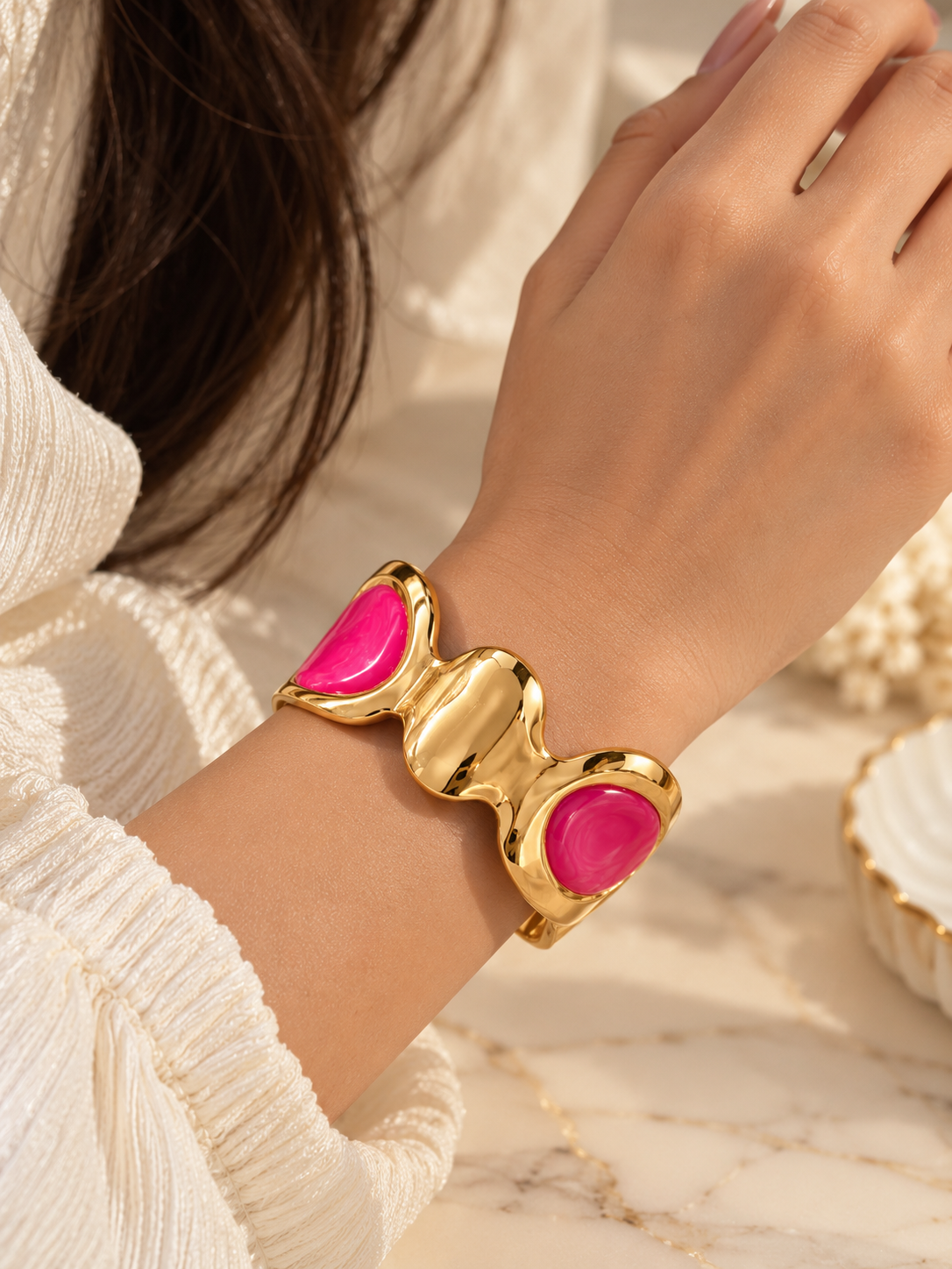 ZEBIA Pink Enamel Gold-Plated Statement Cuff Bracelet for Women