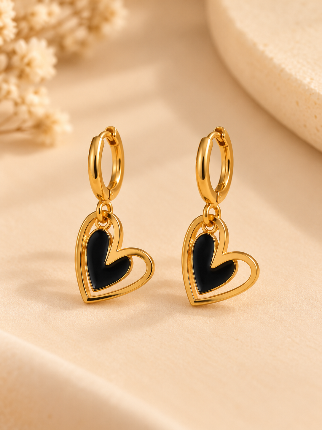ZEBIA Gold-Plated Anti-Tarnish Stainless Steel Black Heart Drop Earrings for Women