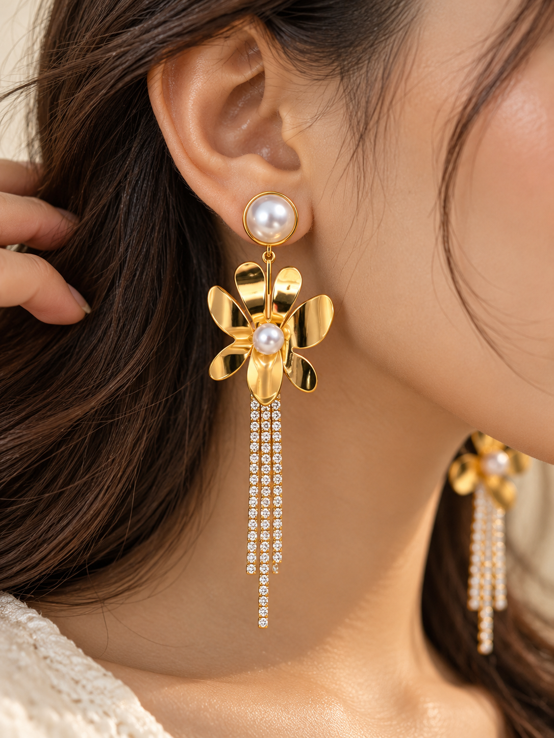 ZEBIA Gold-Plated Anti-Tarnish Stainless Steel Pearl Floral Drop Earrings for Women