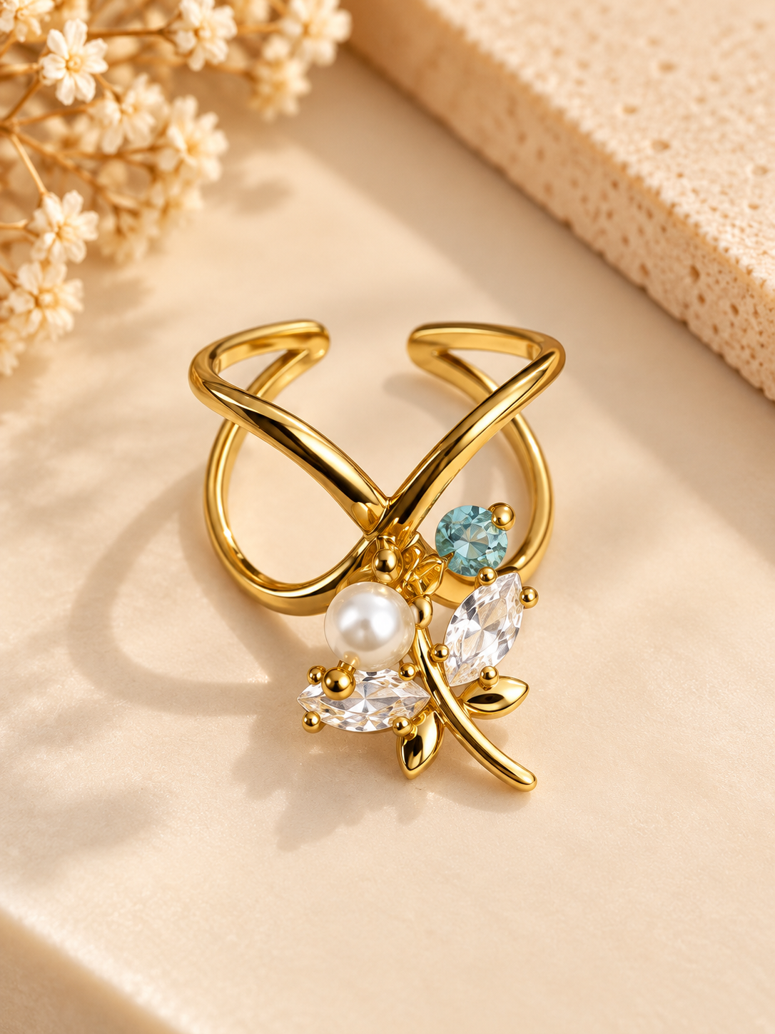 ZEBIA Gold-Plated Floral Crystal Ring for Women – Anti-Tarnish Statement Ring