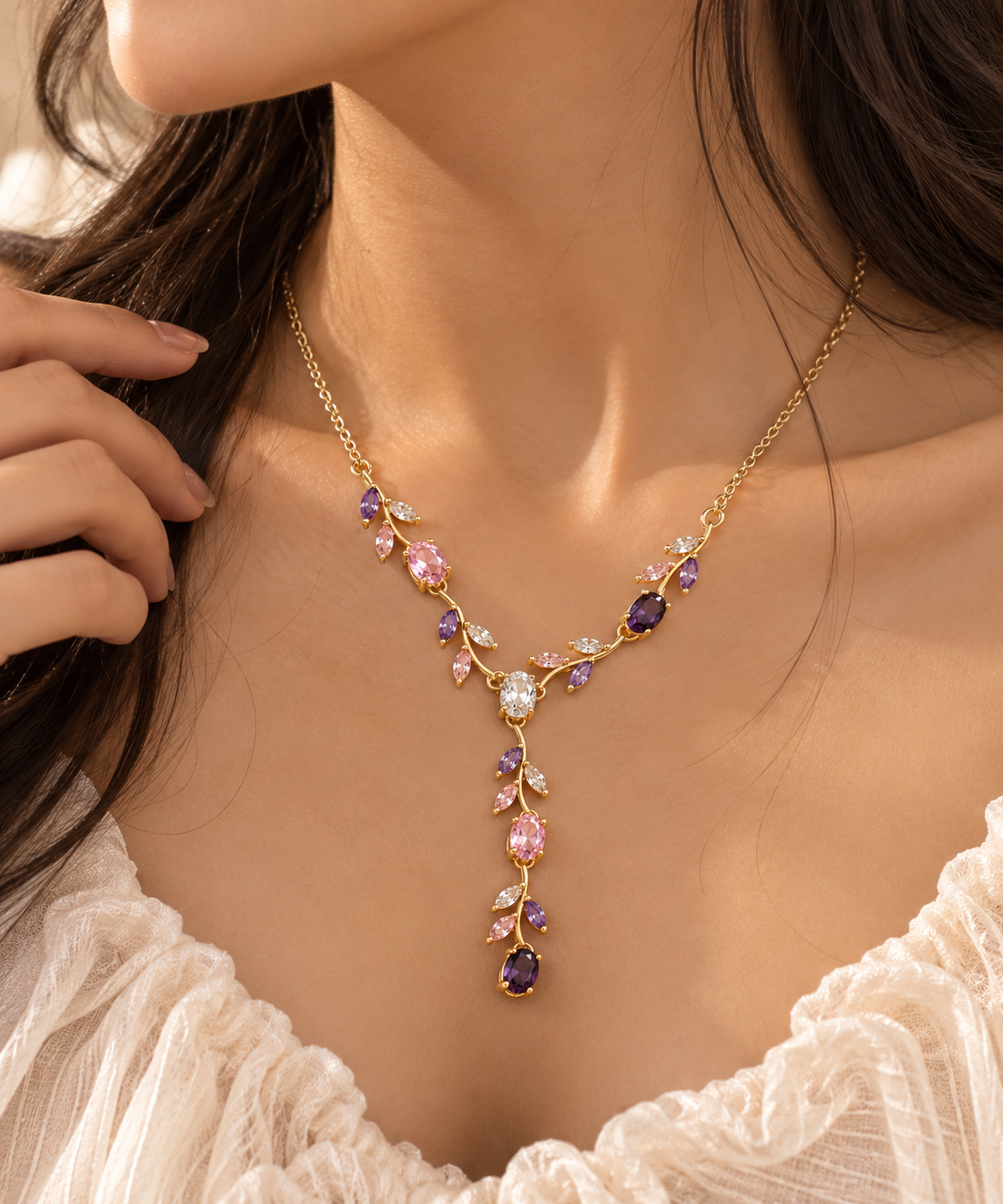ZEBIA Multicolour Crystal Tulip Necklace – Gold-Tone Floral Statement Neckpiece