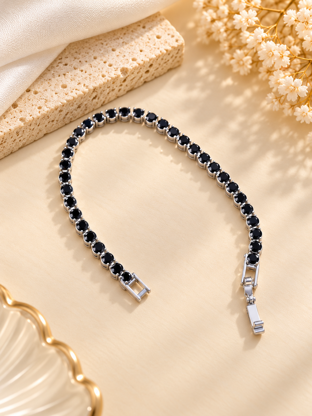 ZEBIA Black Crystal Tennis Bracelet in Silver Tone