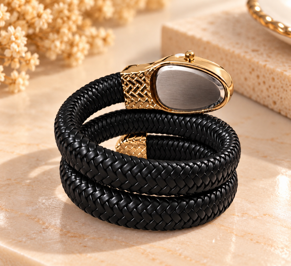 ZEBIA Brown Braided Strap Watch for Women – Gold-Tone Crystal-Embellished Fashion Watch