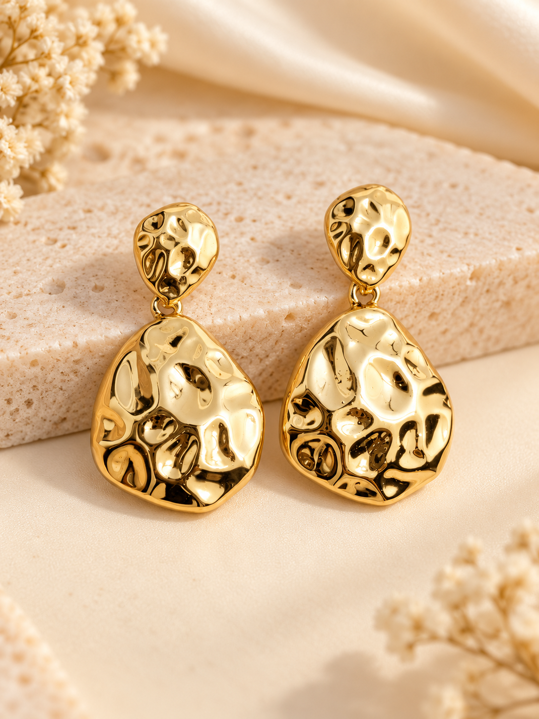 ZEBIA Gold-Plated Stainless Steel Anti-Tarnish Statement Drop Earrings for Women | Hammered Gold Earrings