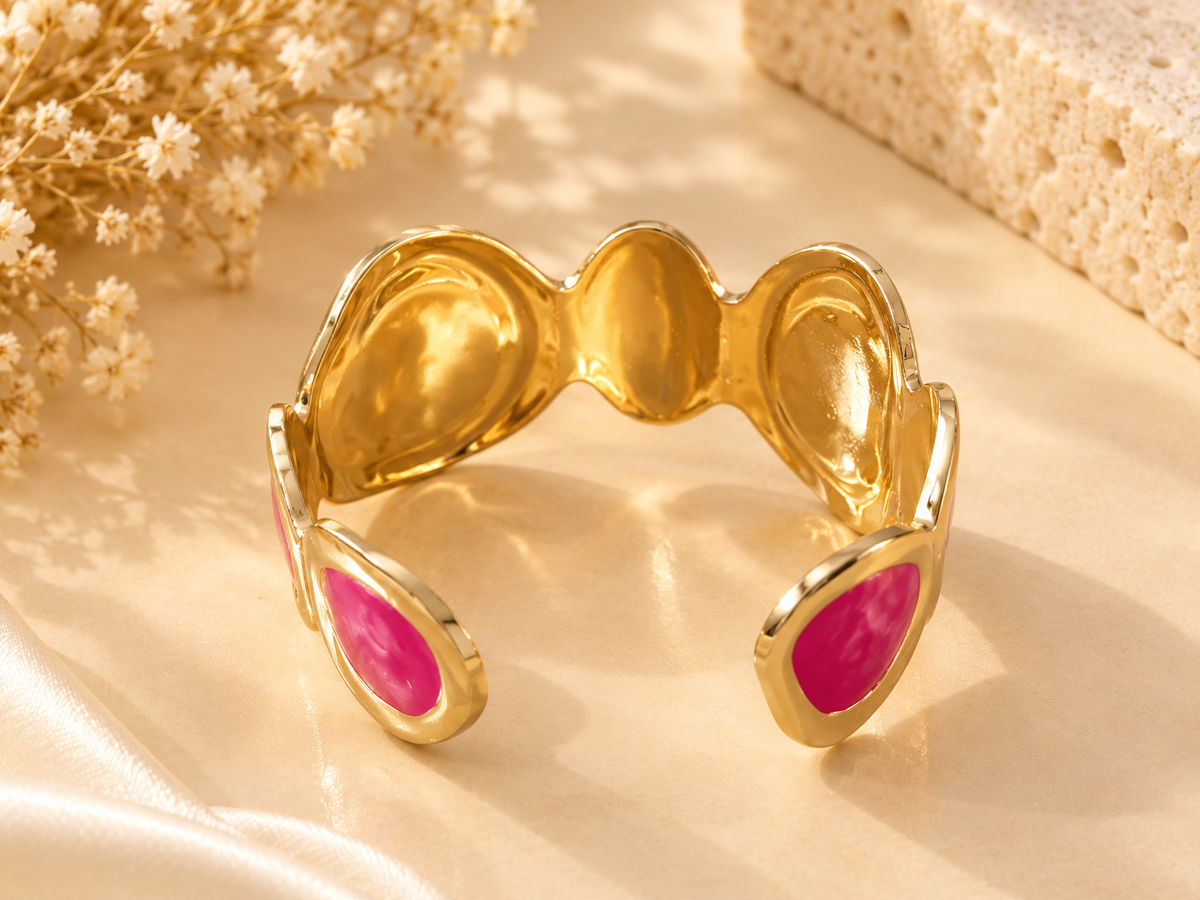 ZEBIA Pink Enamel Gold-Plated Statement Cuff Bracelet for Women