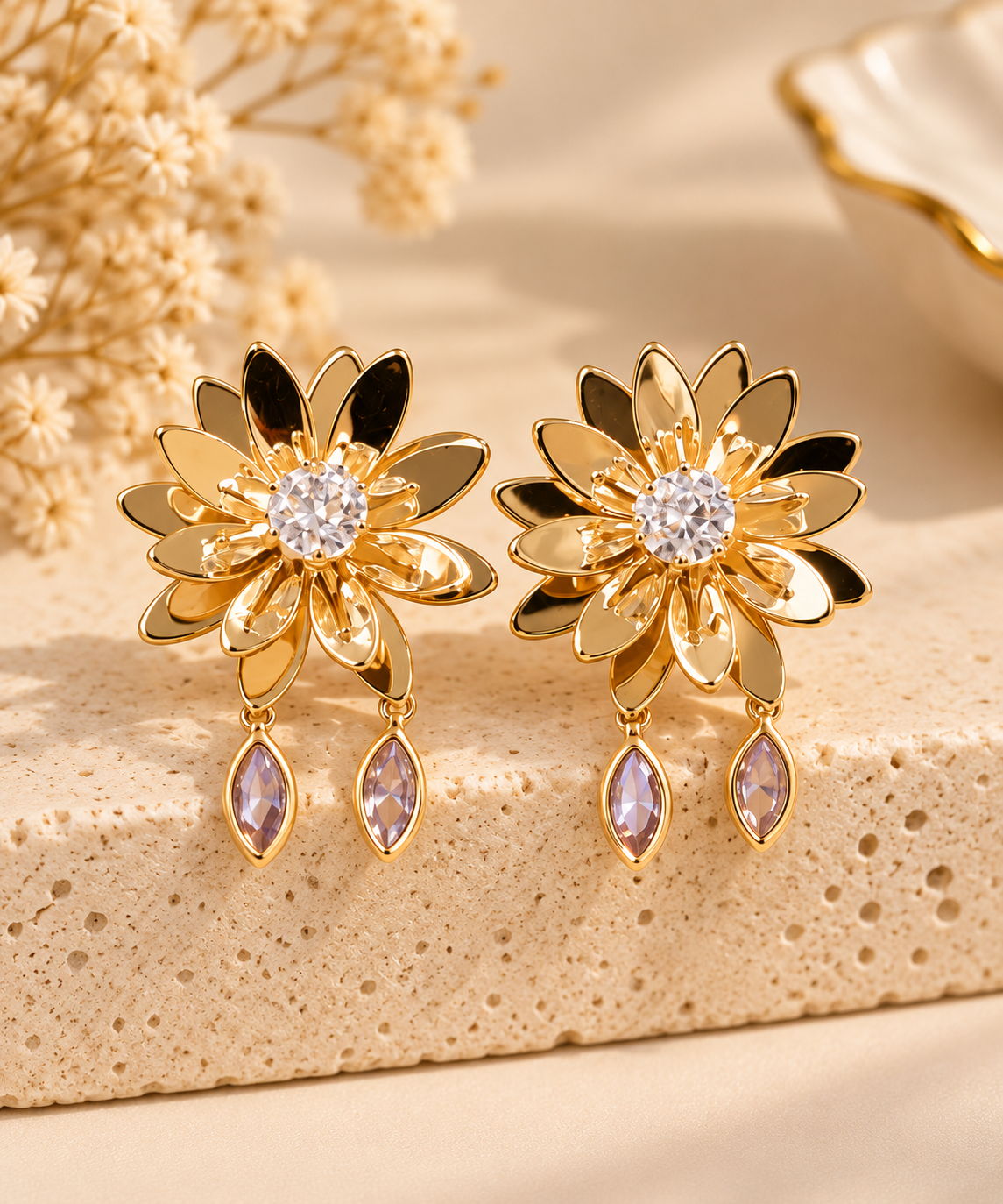 ZEBIA Gold-Plated Anti-Tarnish Floral Drop Earrings for Women | Crystal Flower Statement Earrings