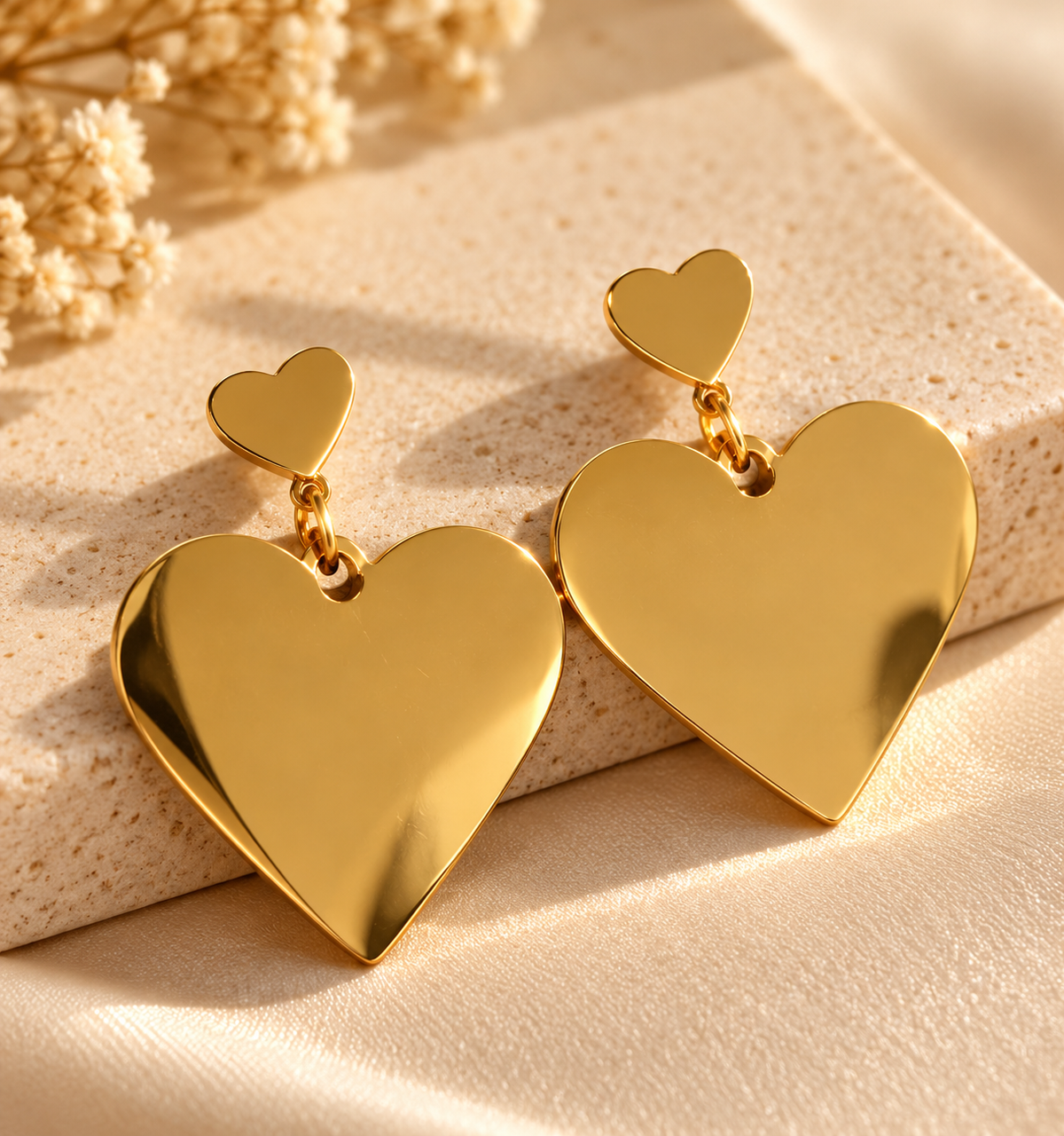 ZEBIA Gold-Plated Double Heart Drop Earrings for Women | Anti-Tarnish Stainless Steel