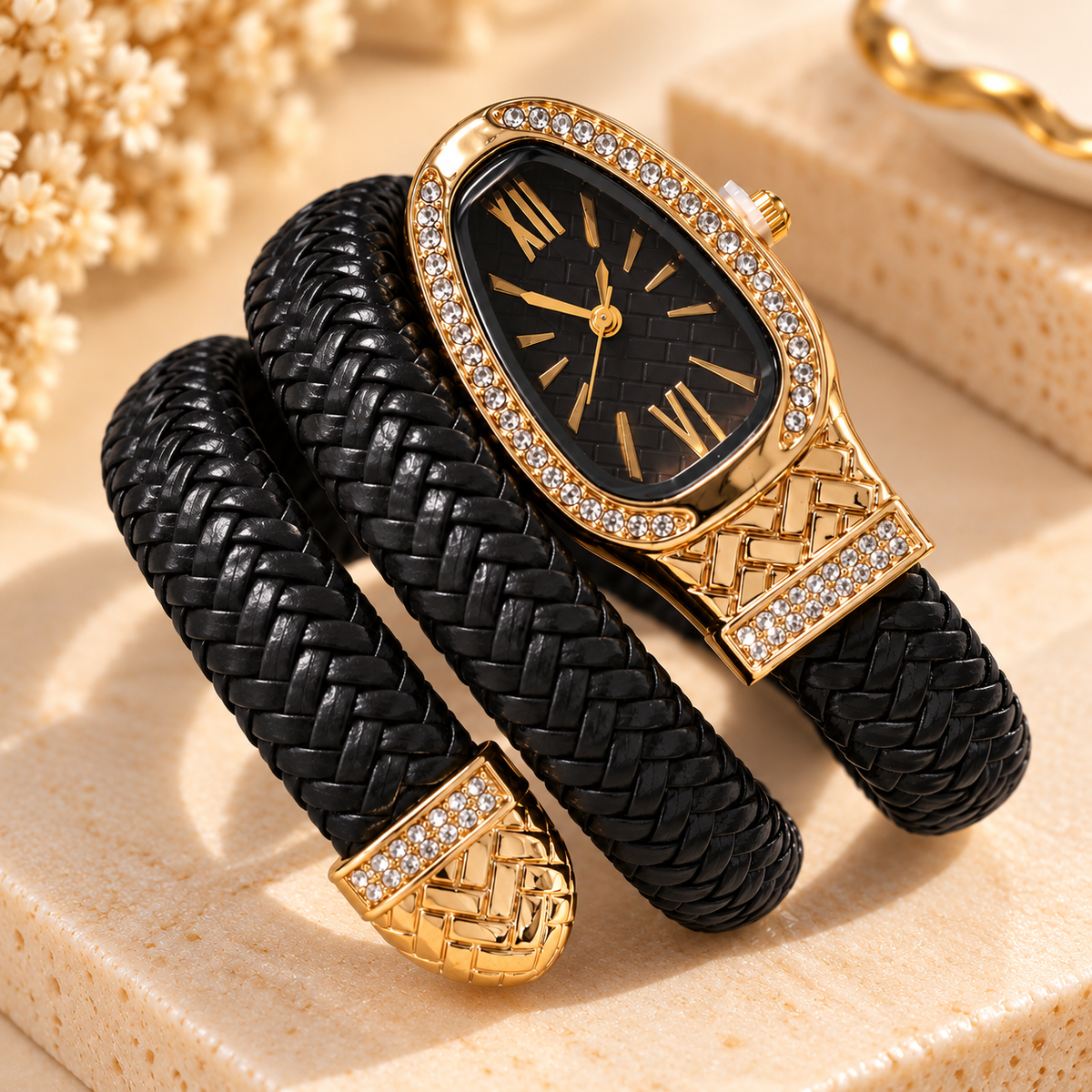 ZEBIA Brown Braided Strap Watch for Women – Gold-Tone Crystal-Embellished Fashion Watch