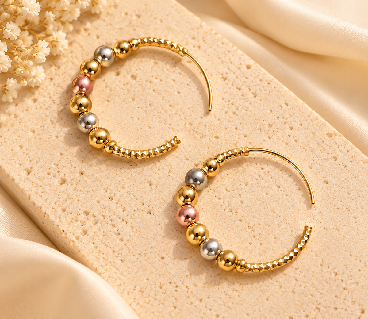 ZEBIA 3-Tone Gold-Plated Anti-Tarnish Stainless Steel Beaded Hoop Earrings for Women