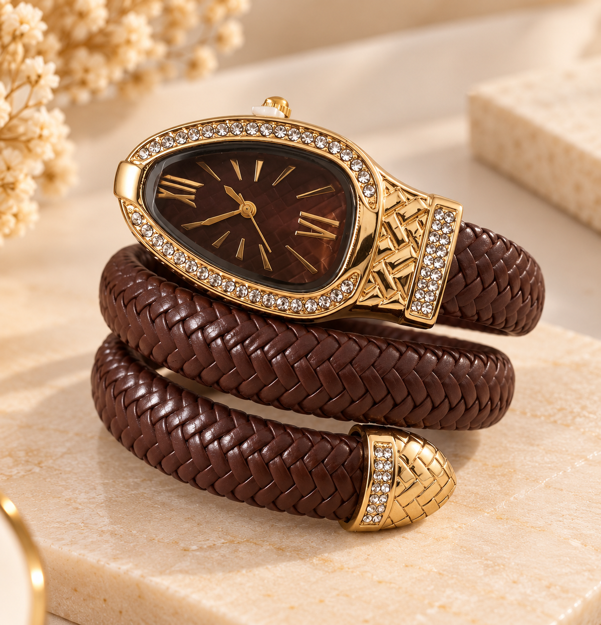 ZEBIA Brown Braided Strap Watch for Women – Gold-Tone Crystal-Embellished Fashion Watch