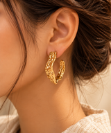 ZEBIA Gold-Plated Anti-Tarnish Stainless Steel Textured Statement Hoop Earrings for Women